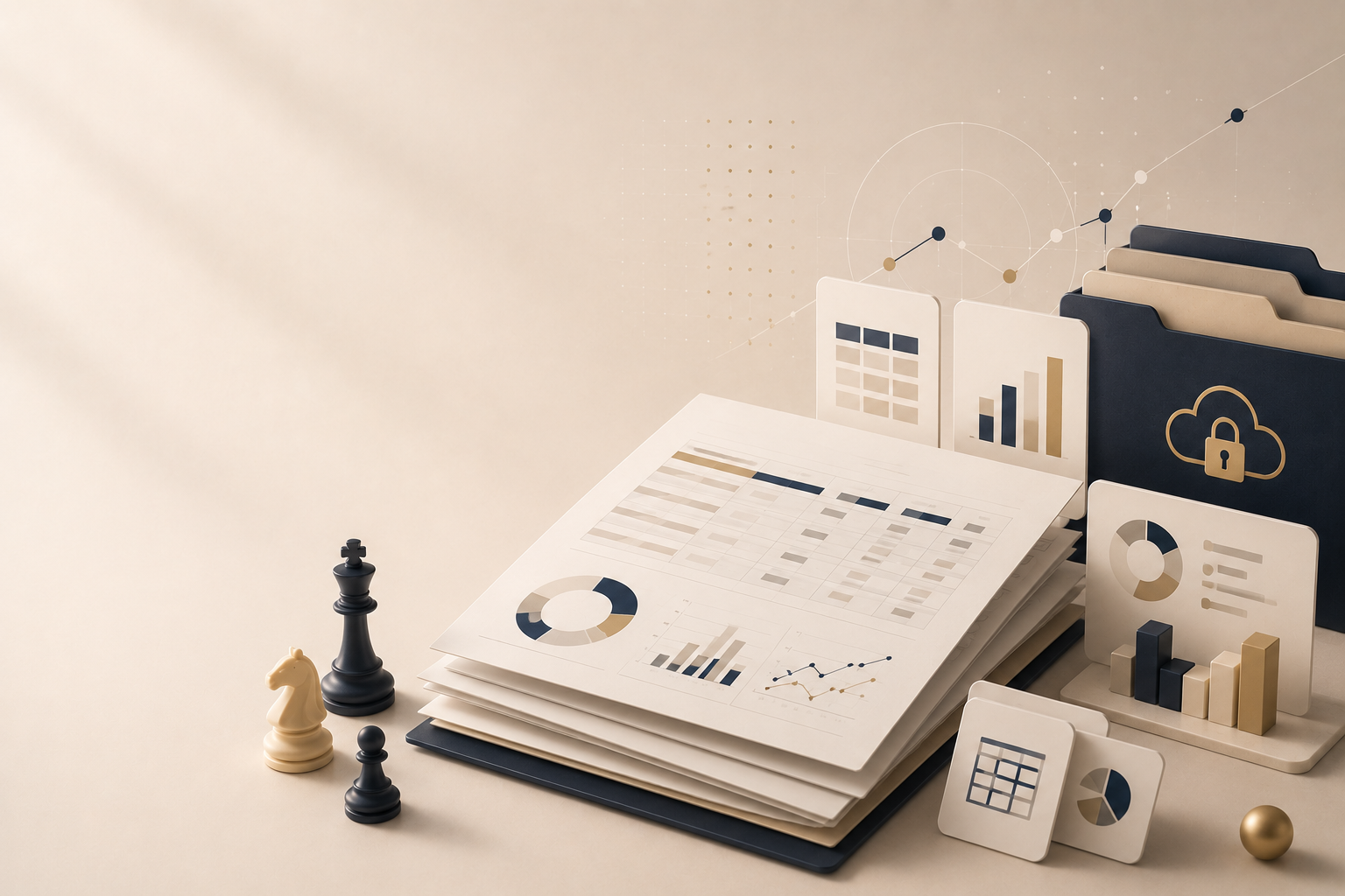 Illustration of layered finance worksheets, abstract charts, a calculator, a protected cloud folder and strategy pieces.